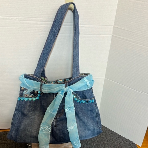 Hand made up cycled denim purse. Elvis themed lining - Picture 1 of 8